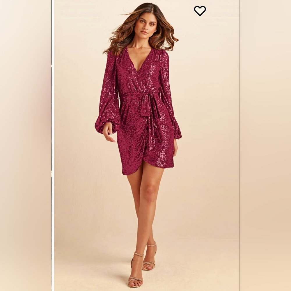 NWT Venus Belted Sequin Wrap Dress Size Large In Wine (ZRD)